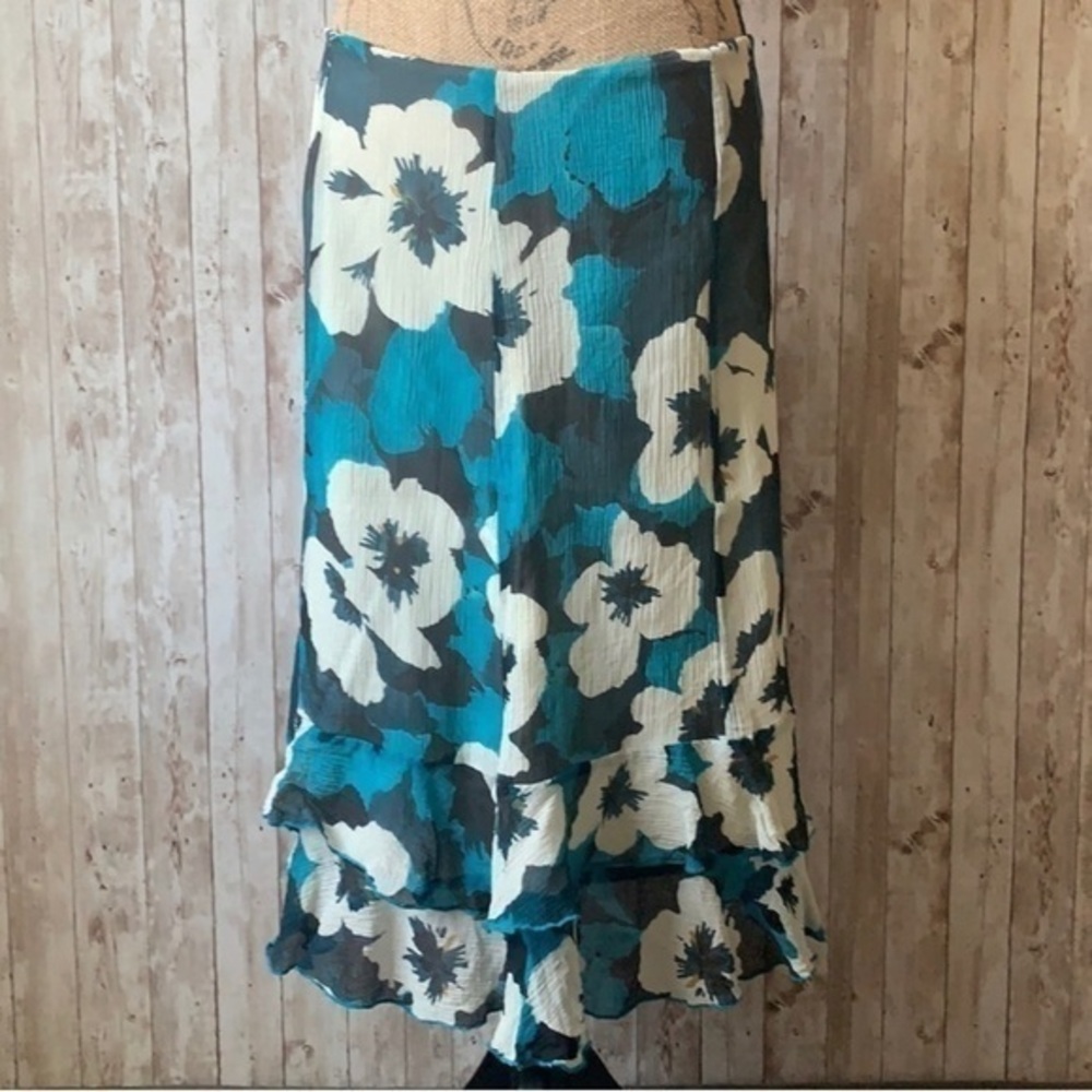 Oscar De La Renta Blue Floral Ruffle Skirt